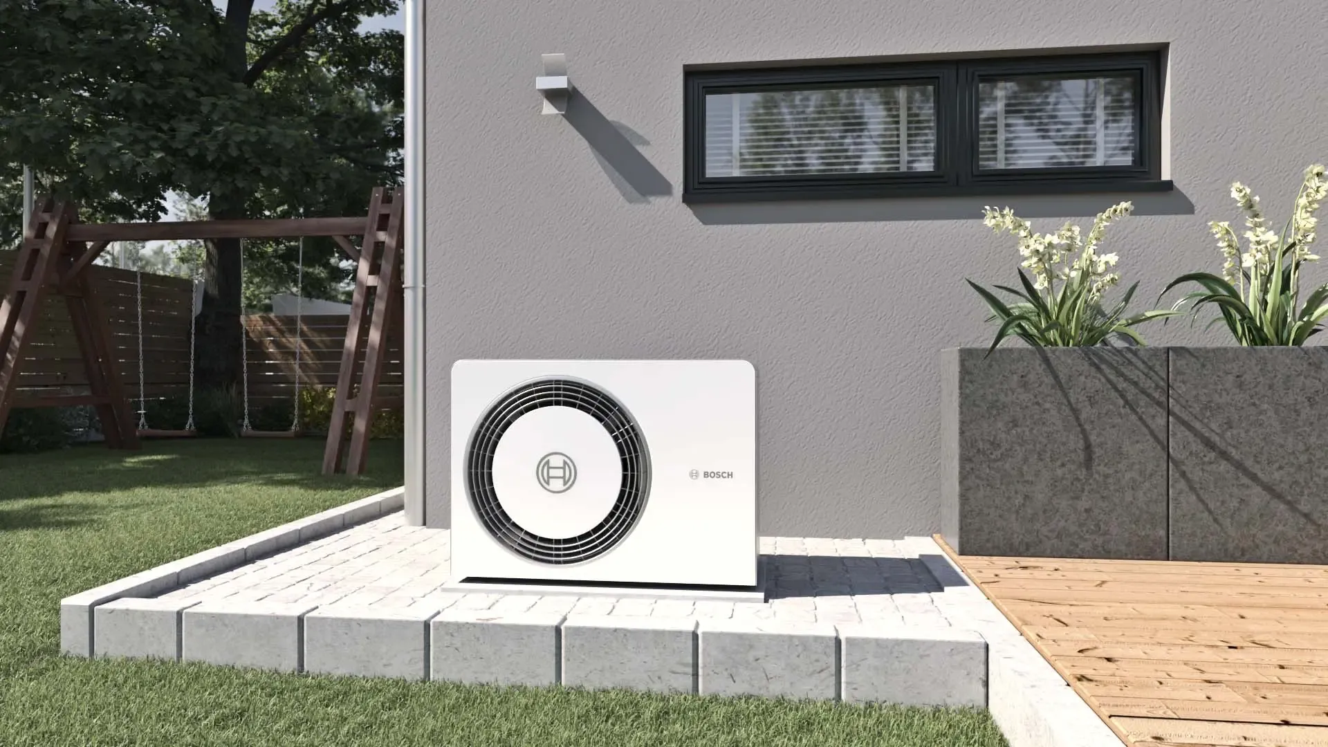 Bosch Compress Luft-Wasser-Wärmepumpe am Einfamilienhaus