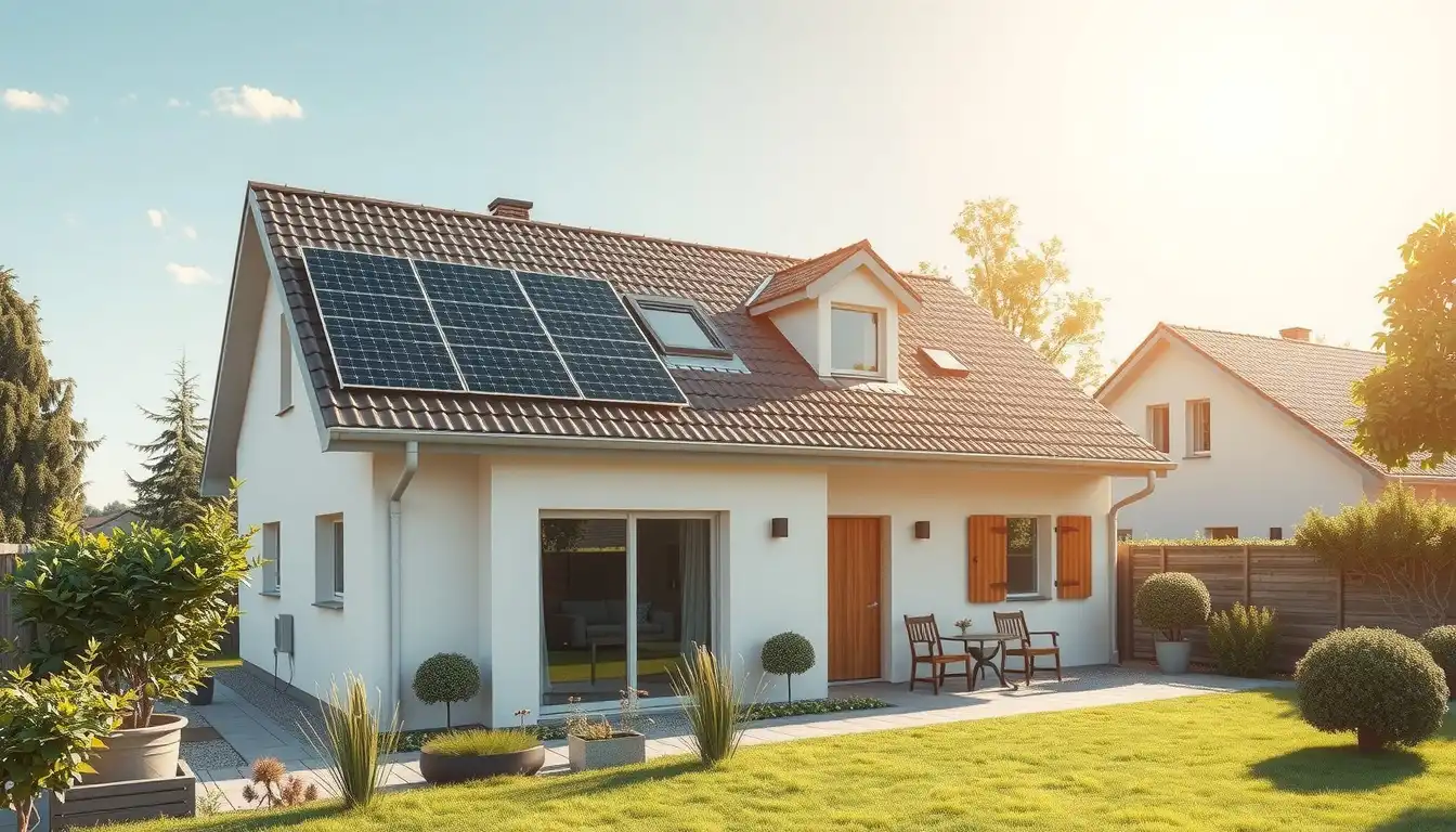 Modernes Haus mit PV, Wärmepumpe und Energiespeicher für nachhaltige Energienutzung