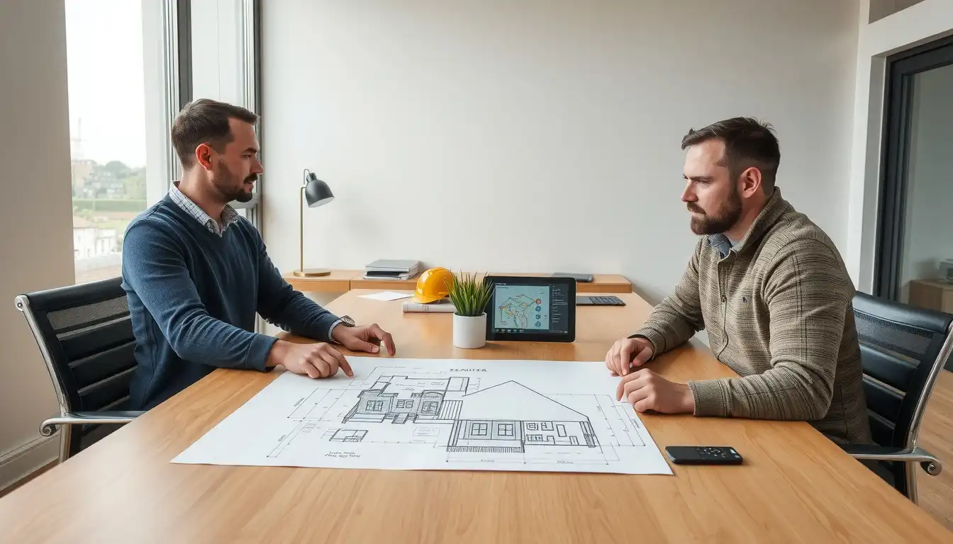Architekt und Ingenieur planen Gebäudetechnik mit Bauplänen und Tablet