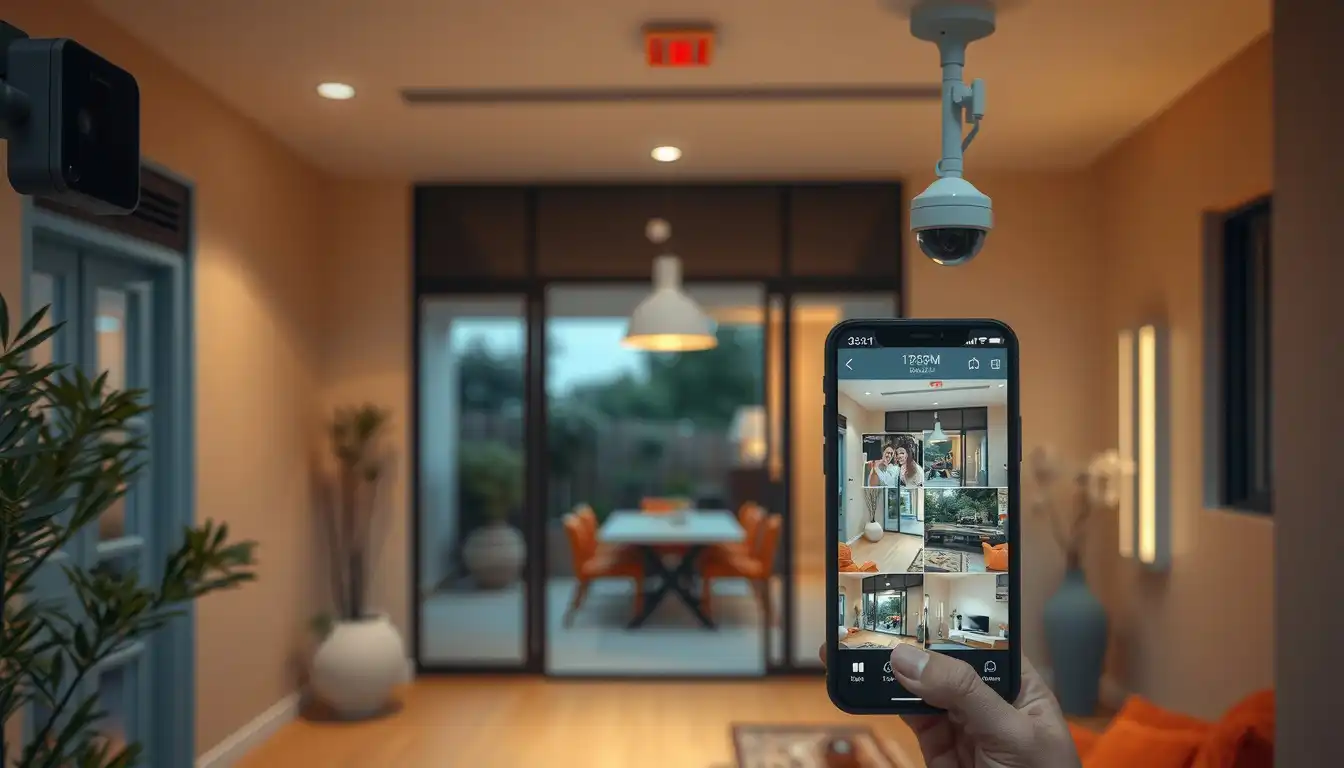 Moderne Haustür mit Smart-Home-Sicherheitssystem und App-Überwachung