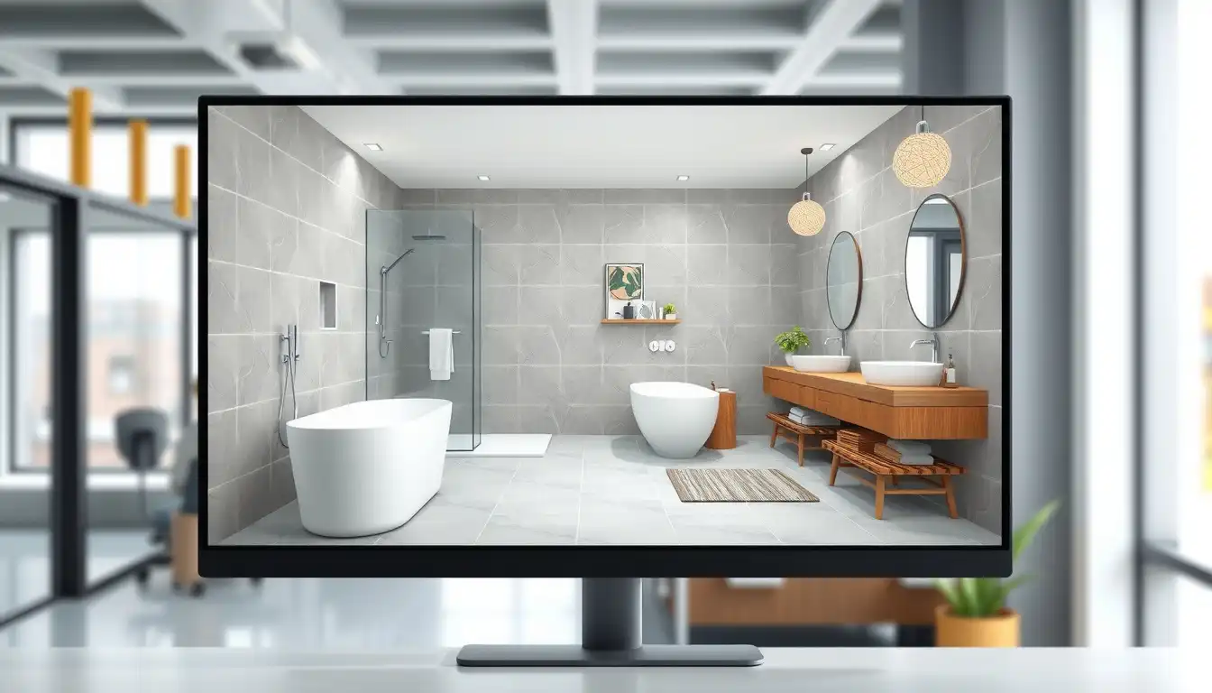 3D Visualisierung eines Badezimmers auf Monitor