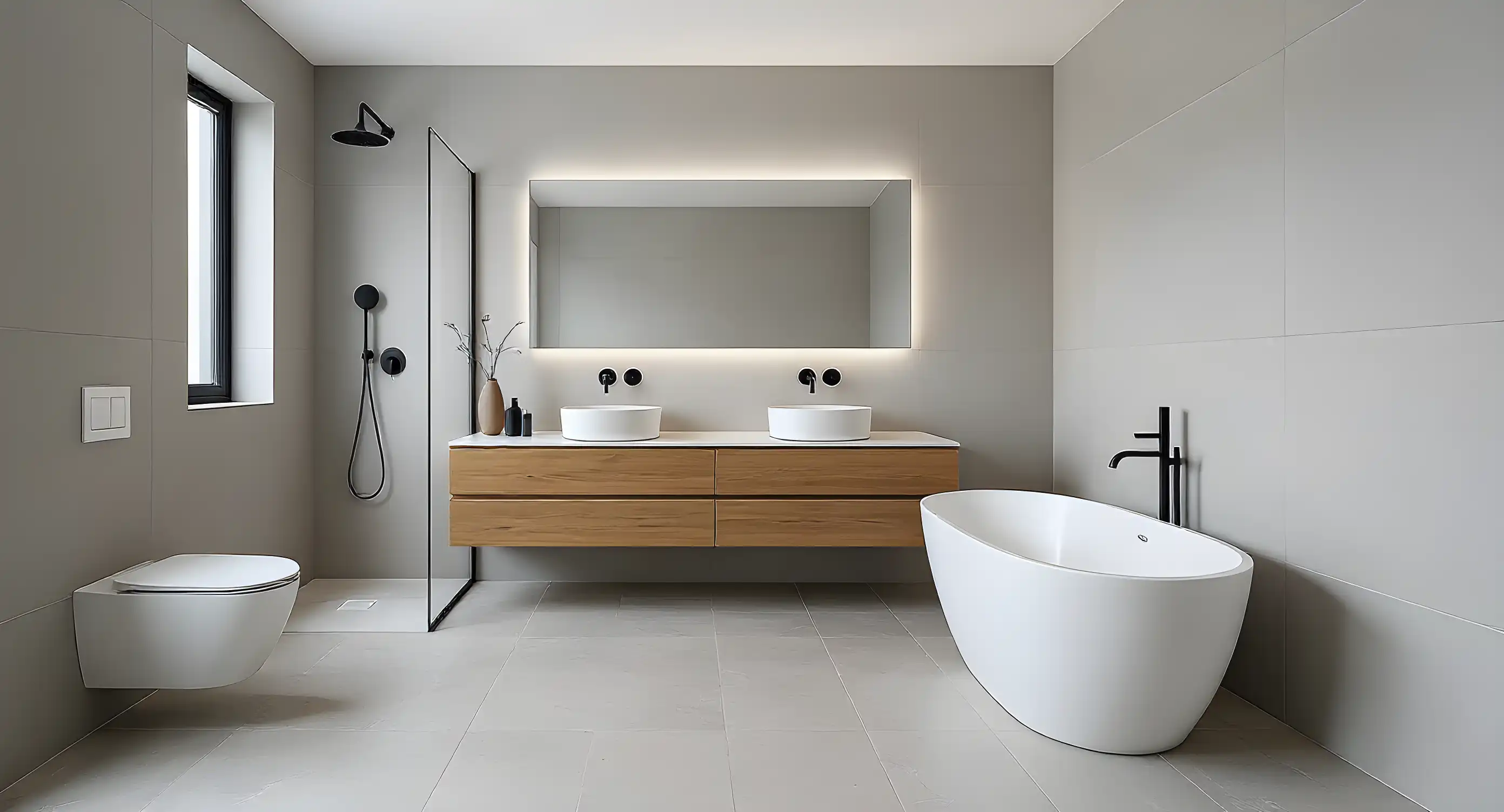 Modernes Badezimmer nach Badsanierung mit großen grauen Fliesen, freistehender Designer-Badewanne, Doppelwaschtisch mit LED-Spiegel und schwarzen Armaturen.