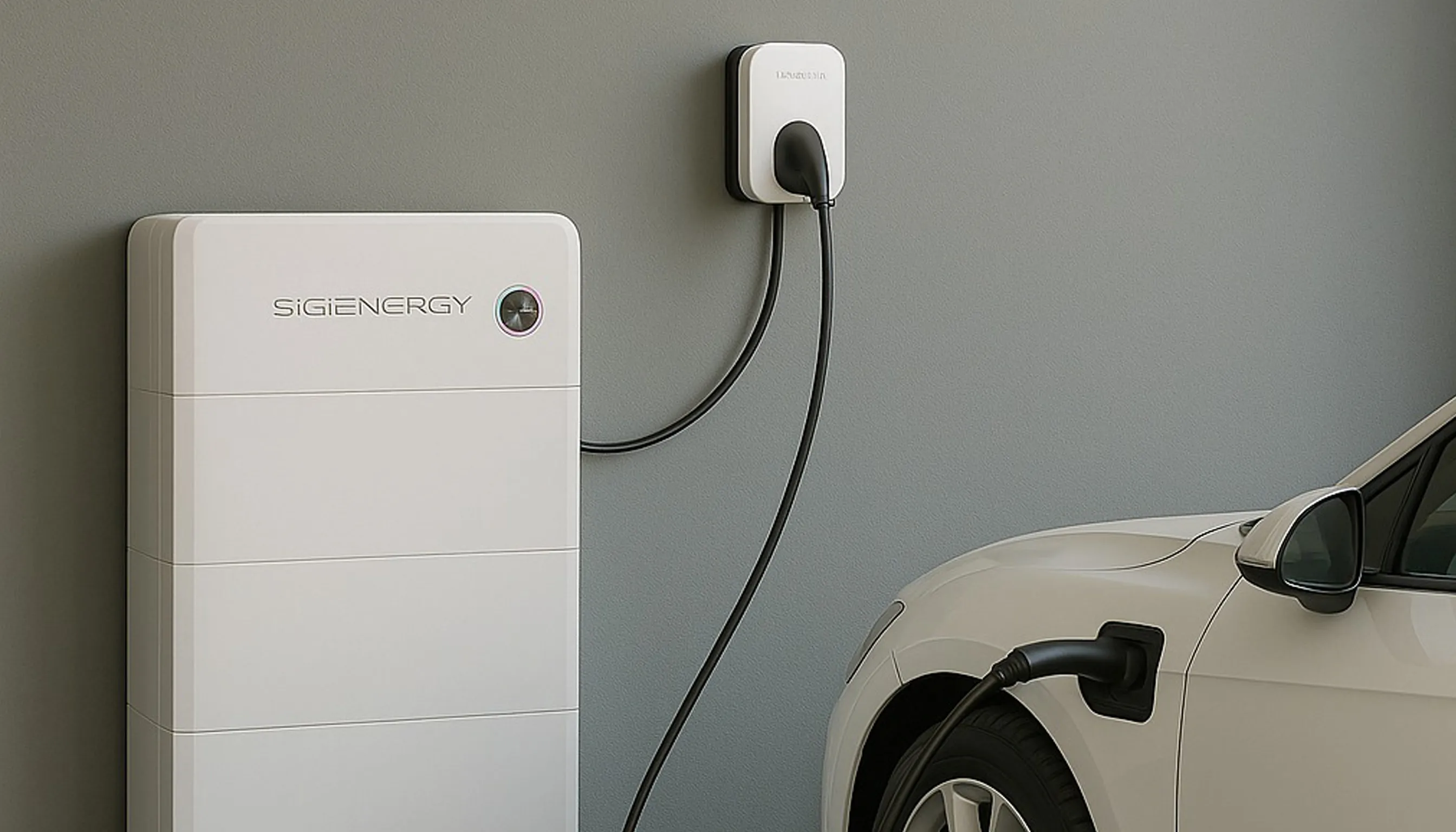 Moderne Wallbox von Sigenergy in einer Garage, lädt ein Elektroauto – effiziente Heimladelösung für nachhaltige Mobilität.