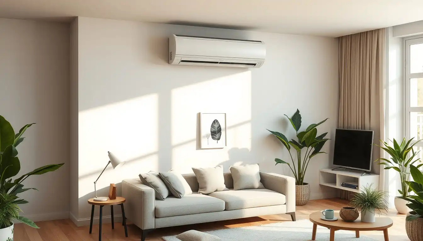 Moderne Klimaanlage ohne Außengerät in einem hellen Wohnraum installiert