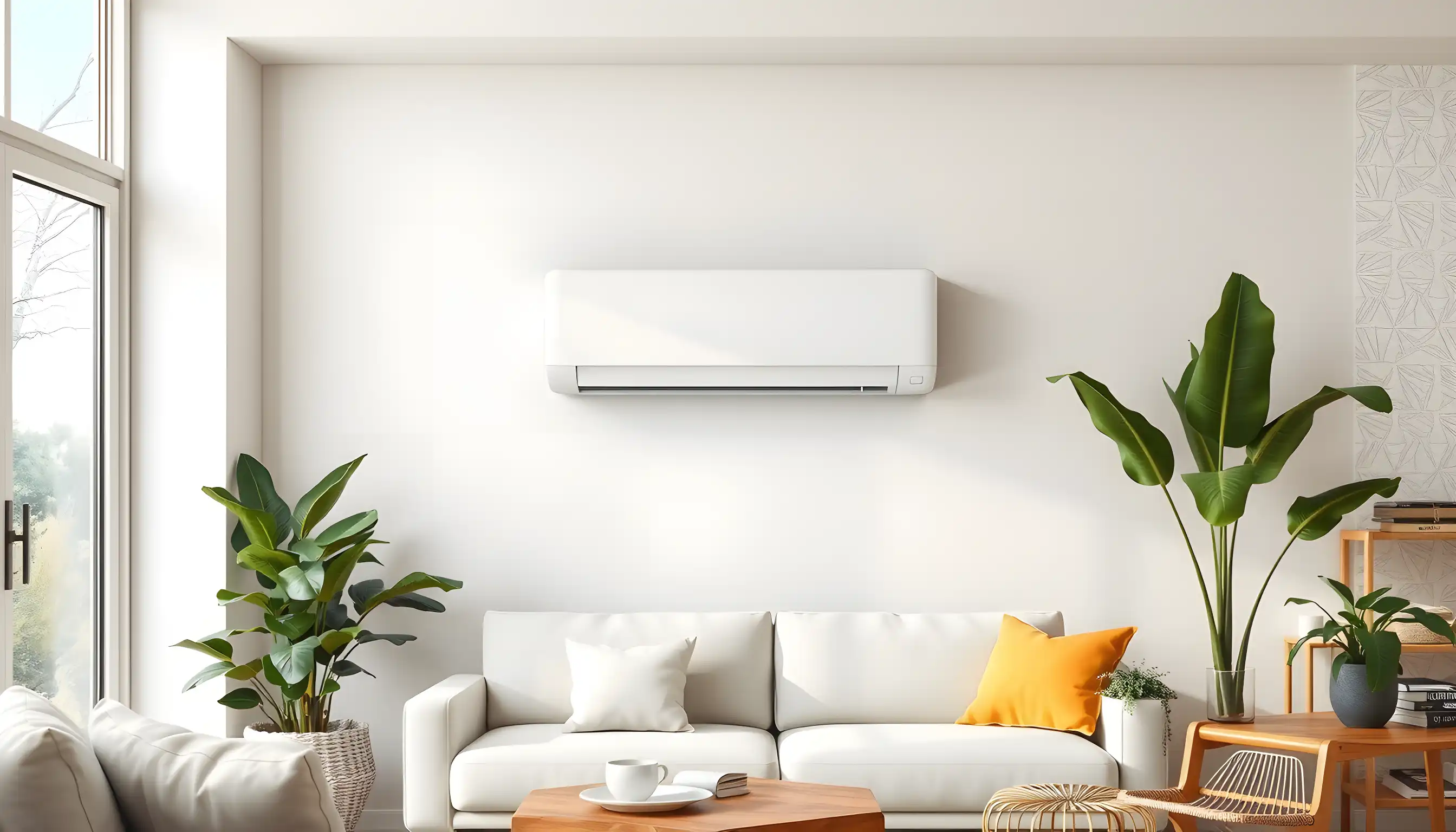 Moderne Klimaanlage an der Wand in einem hellen Wohnraum installiert