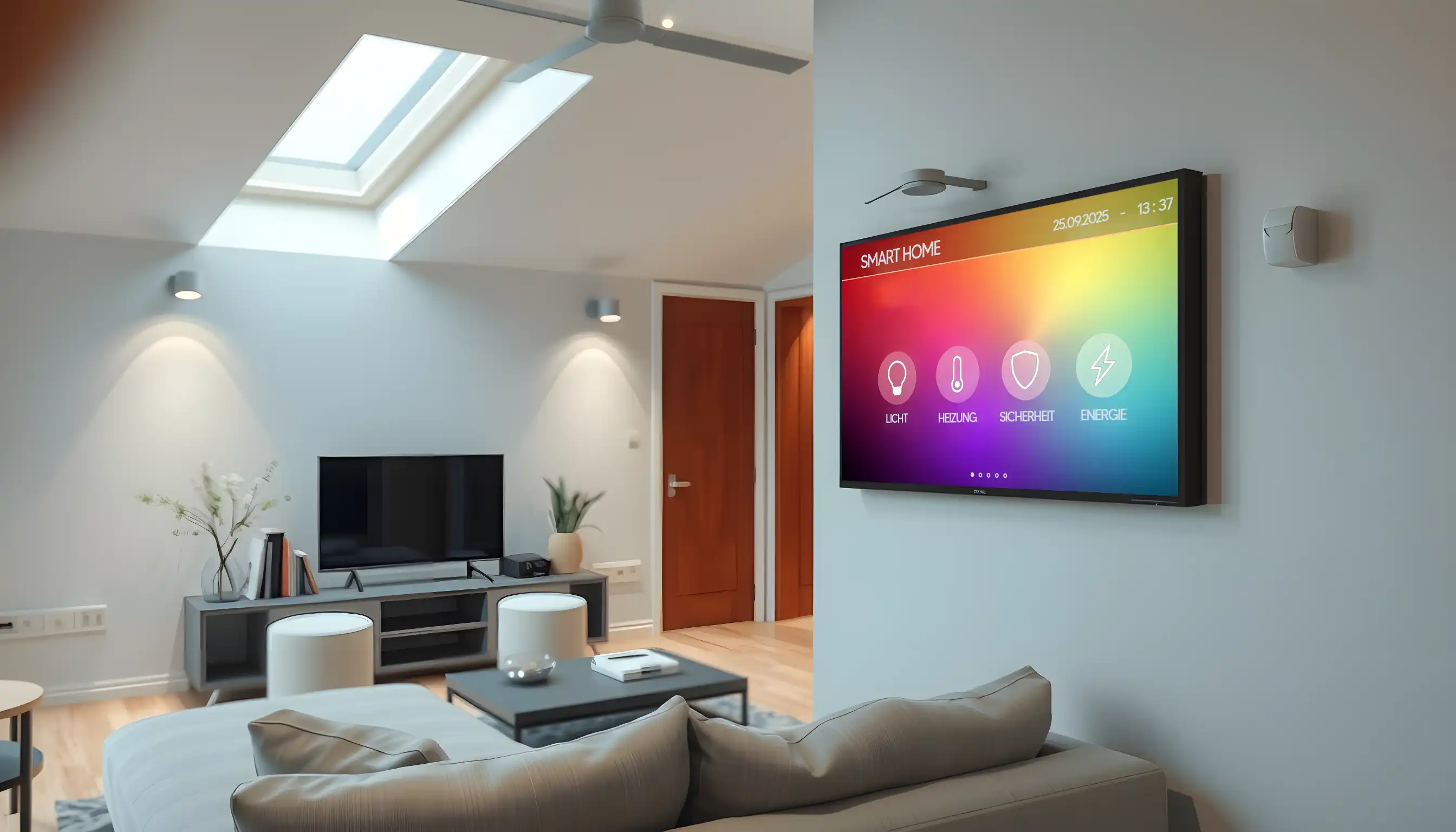 Smart Home Display mit deutscher Benutzeroberfläche für Licht, Heizung, Sicherheit und Energie