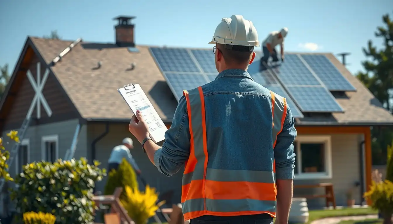 Person von hinten mit Checkliste blickt auf ein Haus, auf dessen Dach eine Photovoltaikanlage installiert wird